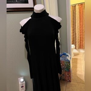 Vicky Tiel Black Cold-Shoulder Long Sleeve Dress with High Neck